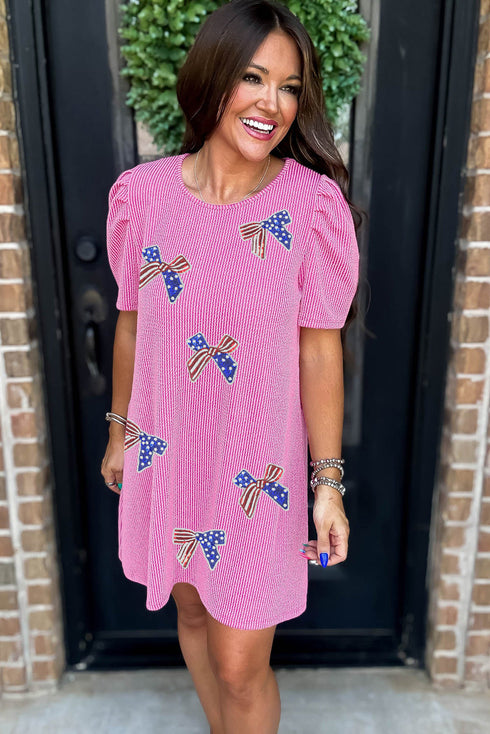 Patriotic Sparkle Sequin Bow Flag Inspired Puff Sleeve Textured Knit Tee Dress